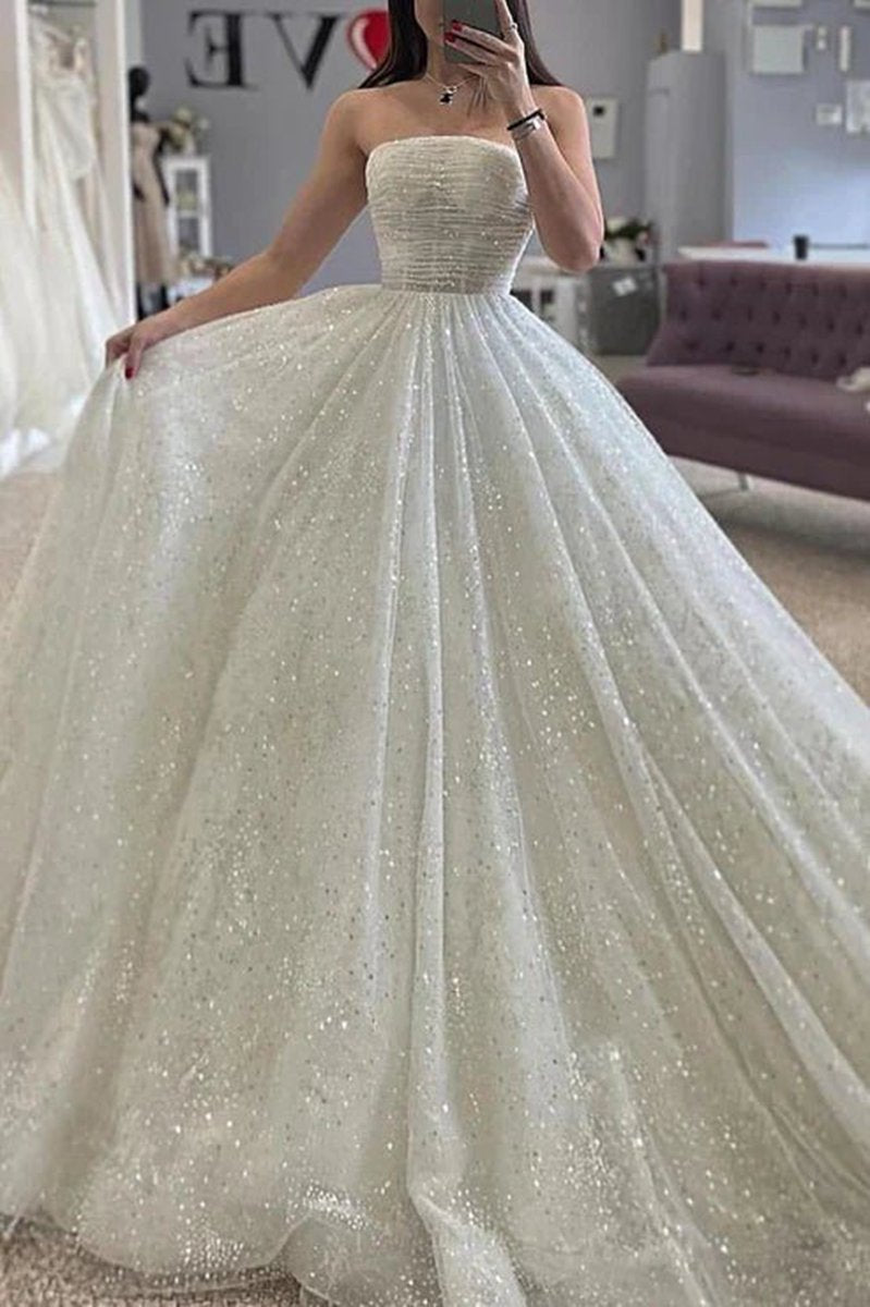 A-line Detachable Off-Shoulder Empire Glitter Tulle Wedding Dresses