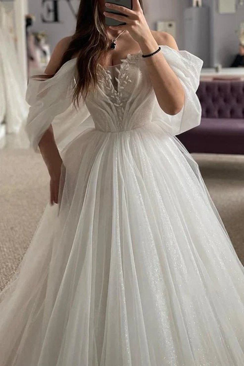 A-line Off-Shoulder Appliques Glitter Sheer Tulle Wedding Dresses
