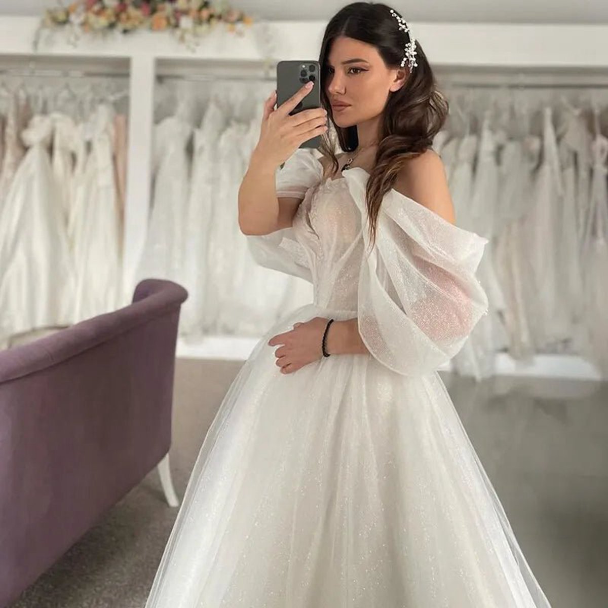 A-line Off-Shoulder Appliques Glitter Sheer Tulle Wedding Dresses