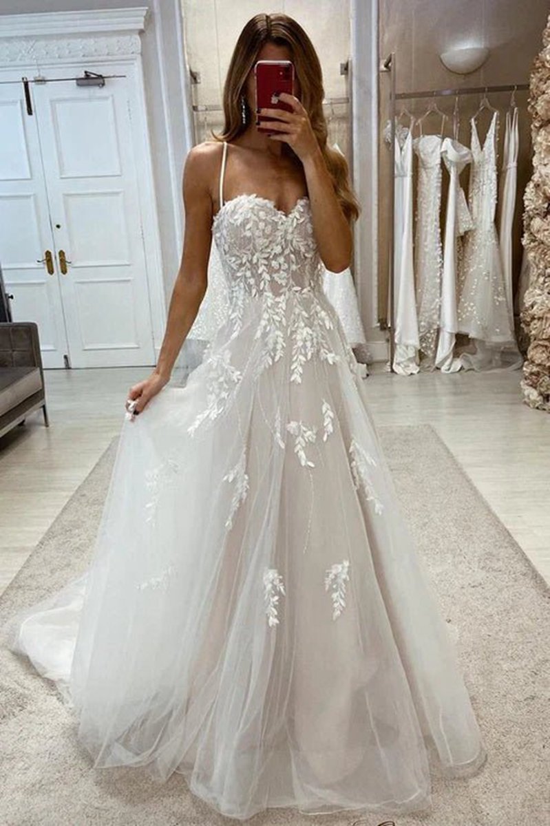 Sweetheart Spaghetti Straps Tulle A-line with Train Wedding Dresses