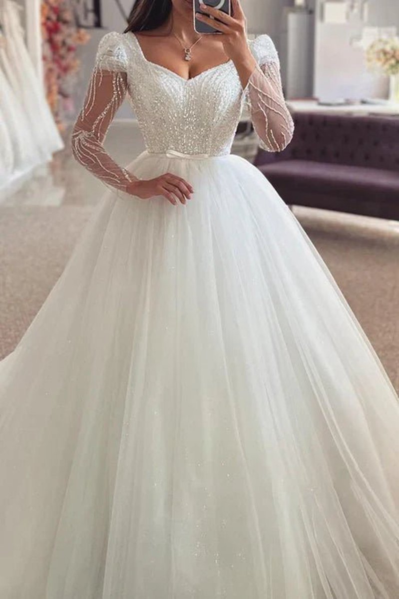 Bateau Long Sleeve Sequined Appliques Empire Tulle Wedding Dresses