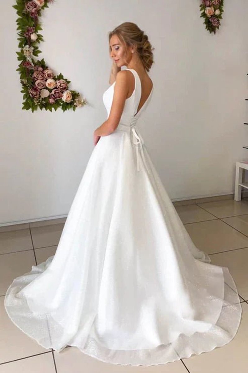 A-line Attractive V-neck Simple Wedding Dresses Rustic Wedding Gown