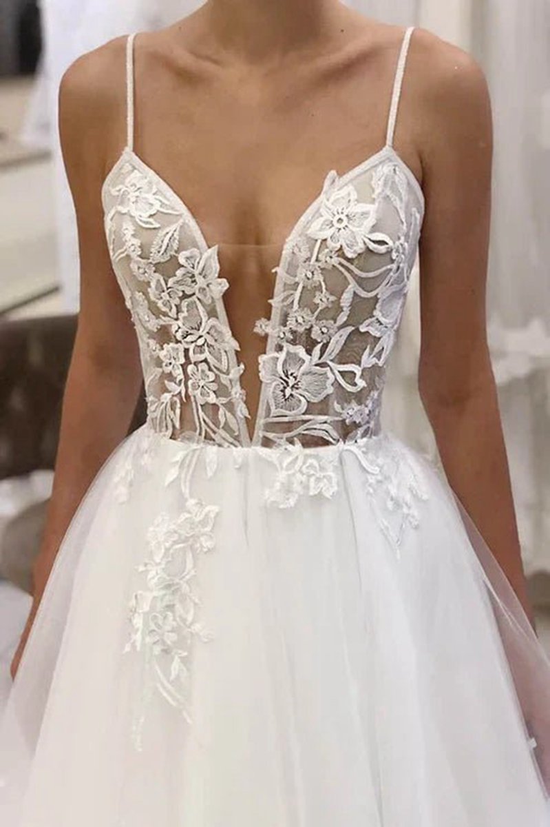 A-line Spaghetti Straps Tulle Appliques Rustic Wedding Dresses