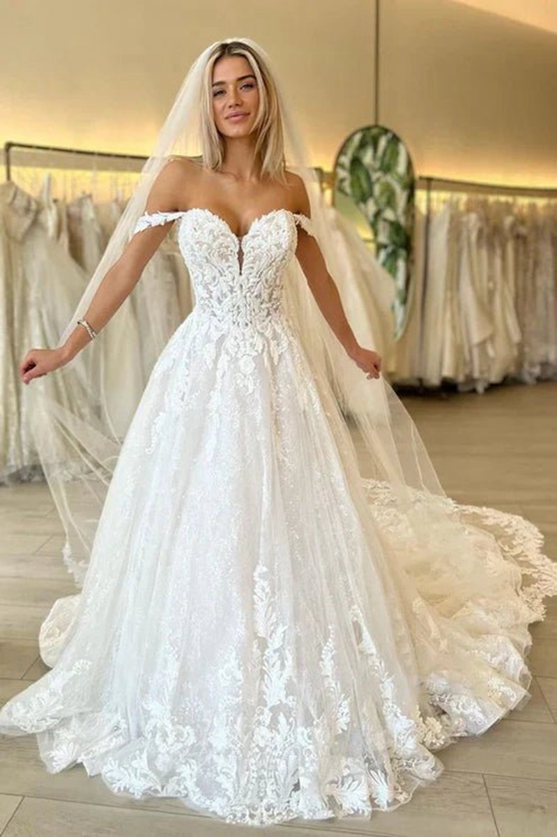 Off the Shoulder Romantic Lace Wedding Dresses Bridal Gown