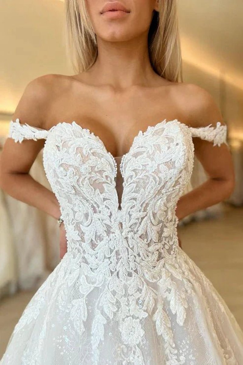 Off the Shoulder Romantic Lace Wedding Dresses Bridal Gown