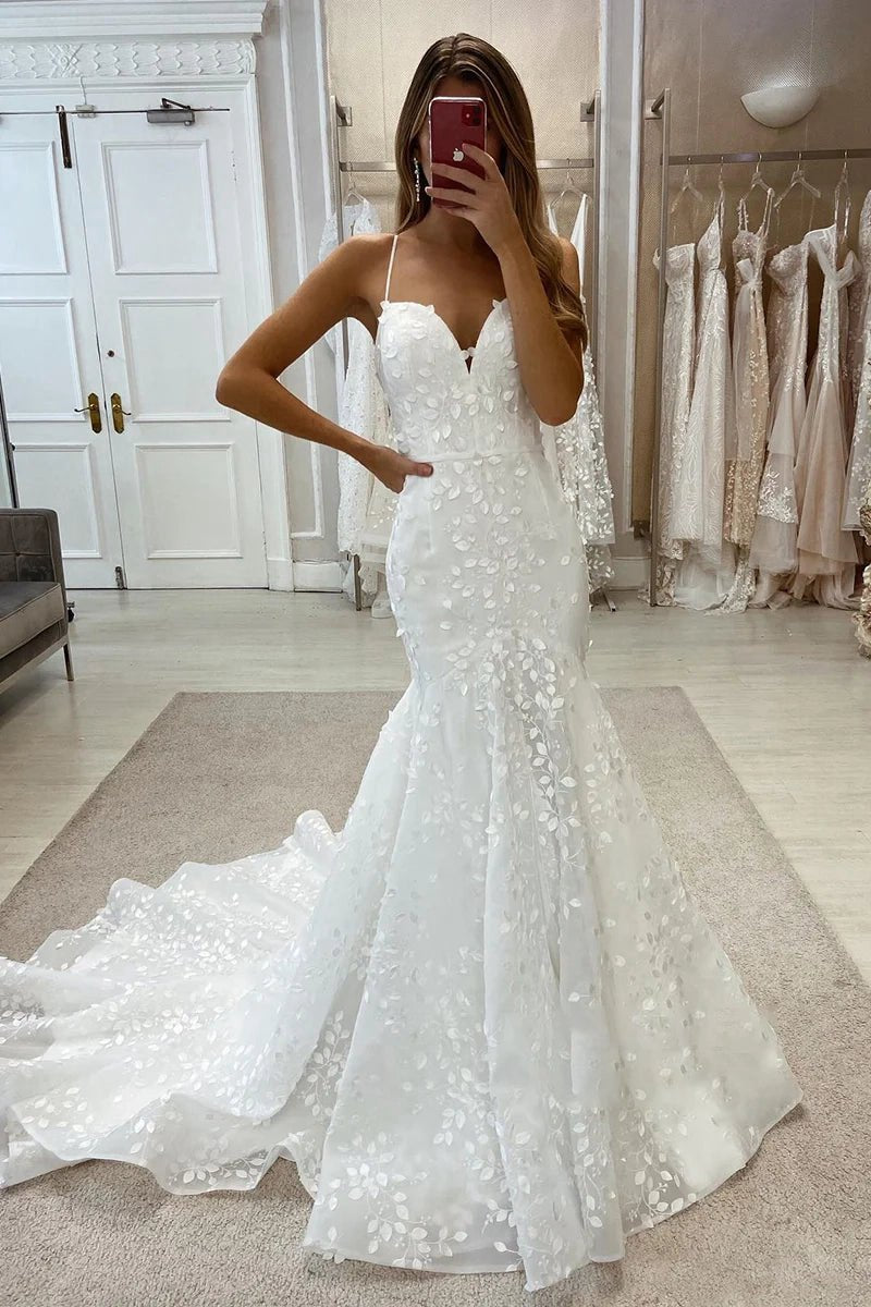 Allover Lace Wedding Dresses Spaghetti Straps Mermaid Bridal Gown