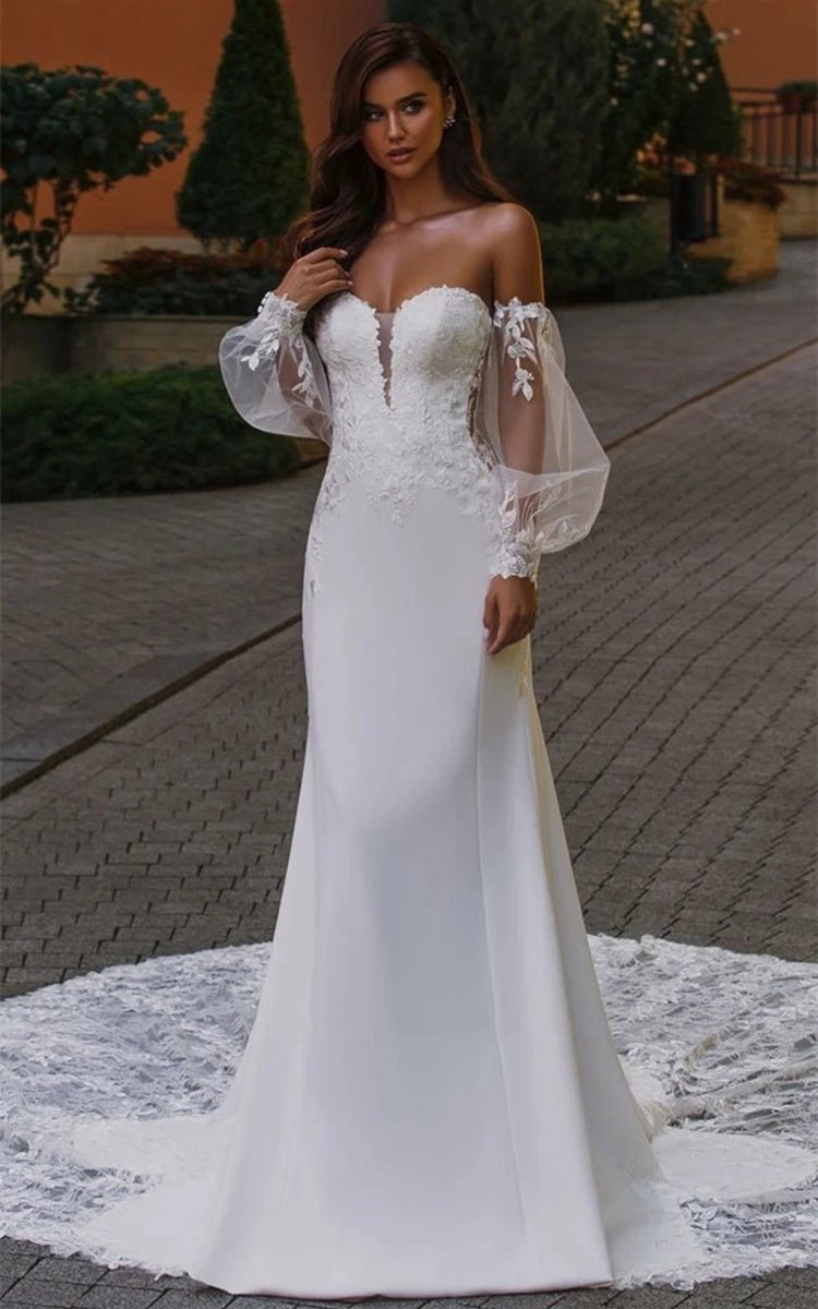 Ethereal Mermaid Plunging Neck Chiffon Tulle Wedding Dresses with Appliques