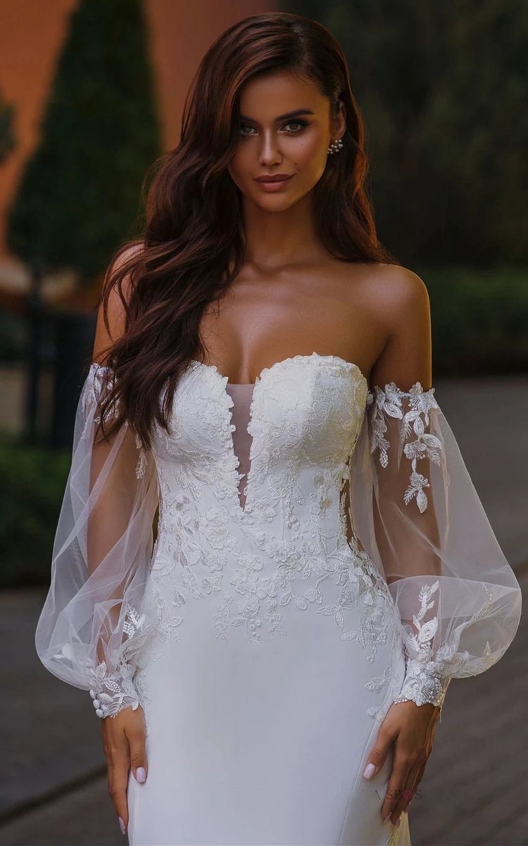 Ethereal Mermaid Plunging Neck Chiffon Tulle Wedding Dresses with Appliques