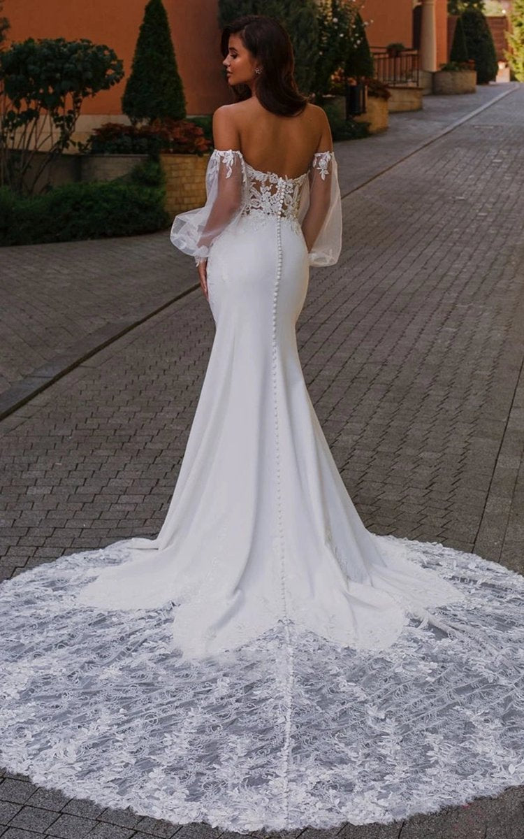 Ethereal Mermaid Plunging Neck Chiffon Tulle Wedding Dresses with Appliques