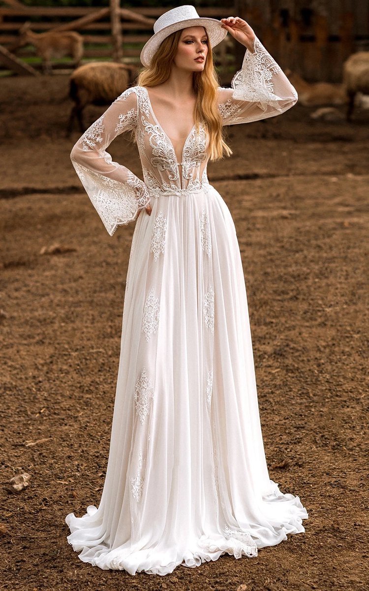 A-line Boho Lace Wedding Dresses with Sleeves Plunging Neckline Sweep Train