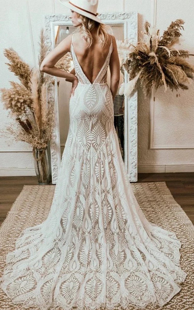 Beach Floral Mermaid Plunging Boho Lace Wedding Dresses with Sweep Train