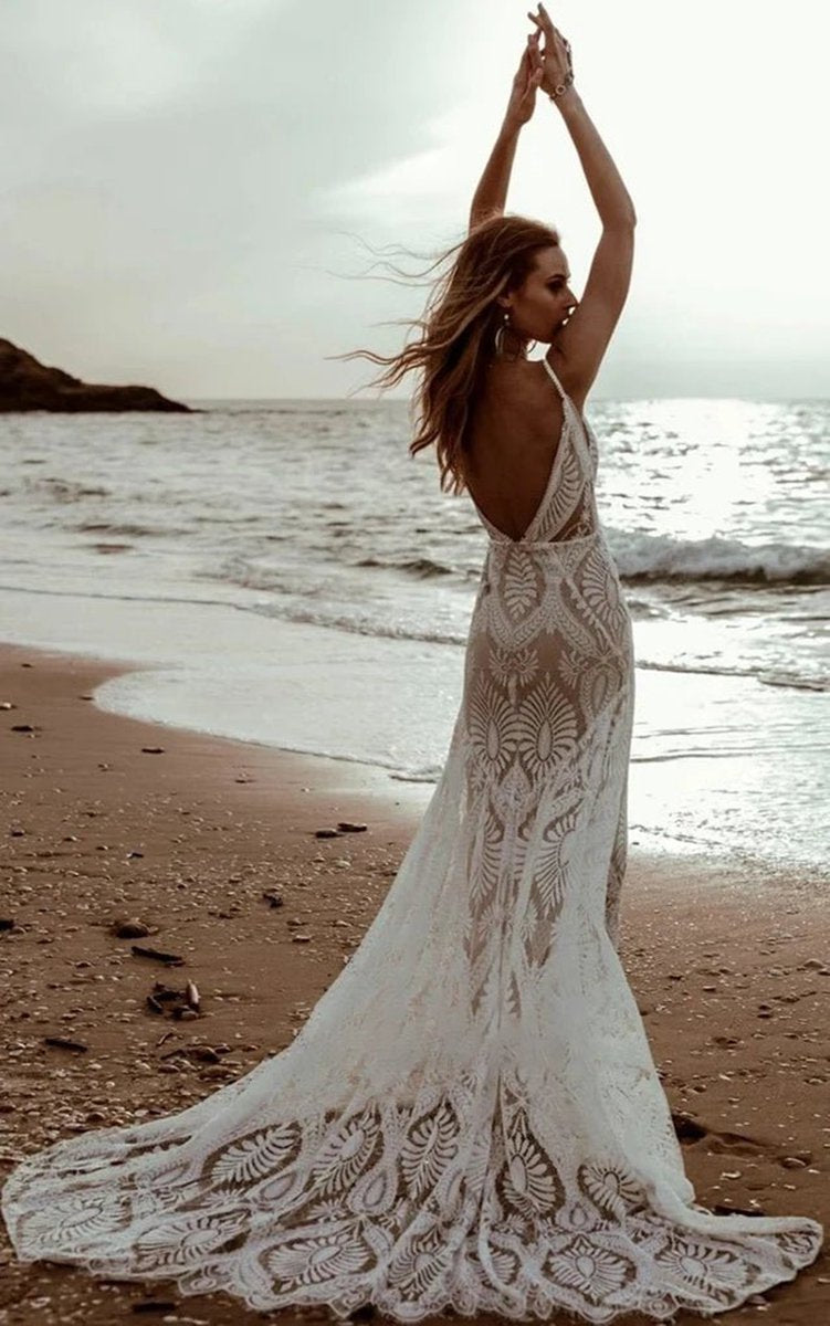Beach Floral Mermaid Plunging Boho Lace Wedding Dresses with Sweep Train