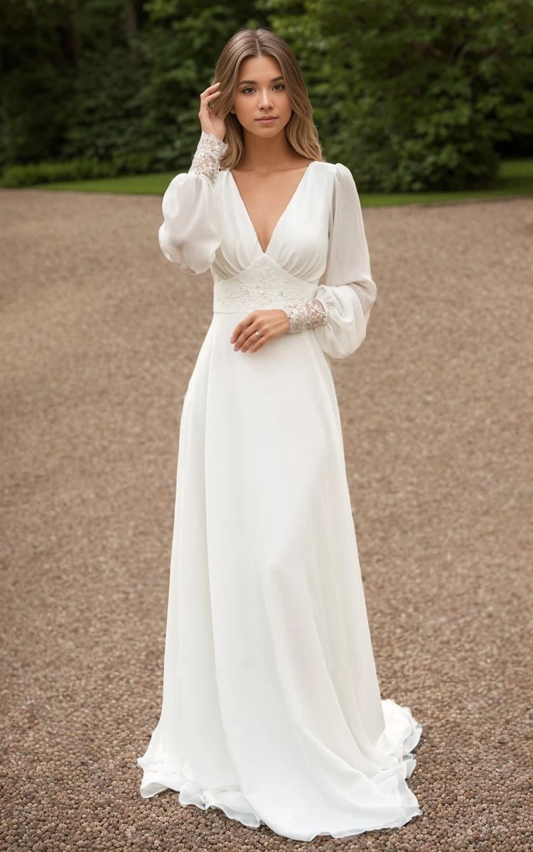 A-line Floor Chiffon Long Sleeve Wedding Dresses with Sequins and Train