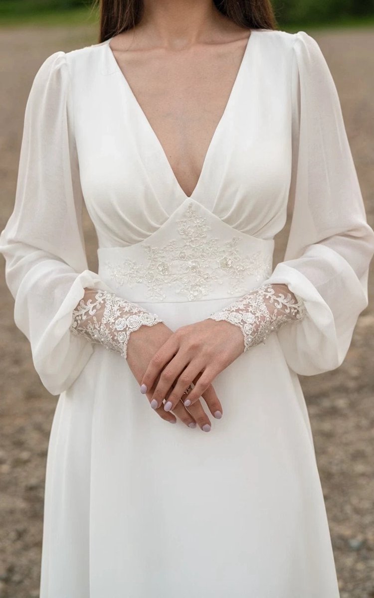 A-line Floor Chiffon Long Sleeve Wedding Dresses with Sequins and Train