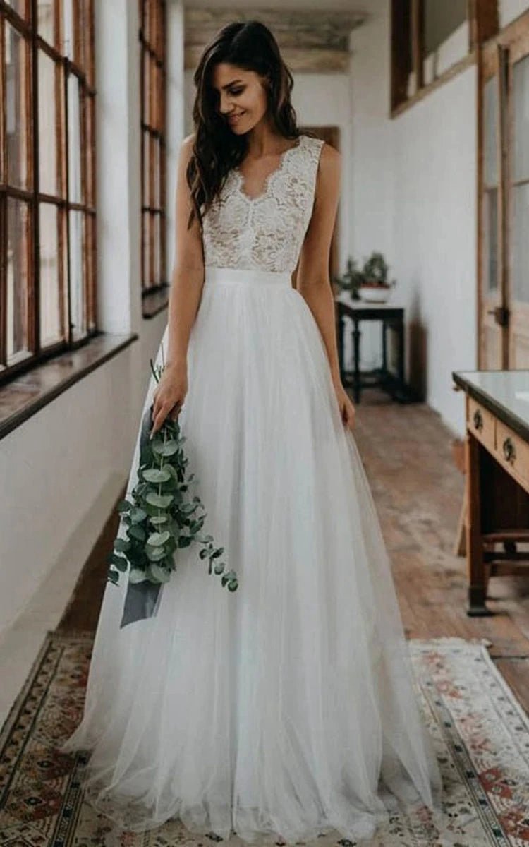 Rustic Boho Elegant A-line Tulle Lace V-neck Open Back Floor Length Sleeveless Wedding Dresses