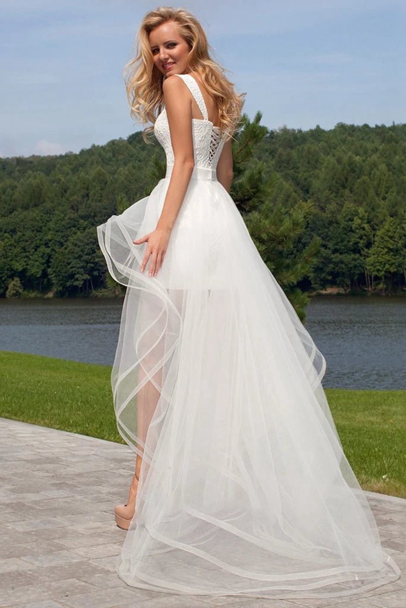 Beach Short Sweetheart Detachable Lace Wedding Dresses with Tie d Back