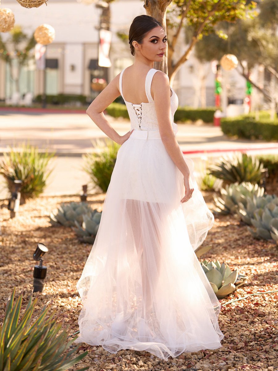 Beach Short Sweetheart Detachable Lace Wedding Dresses with Tie d Back