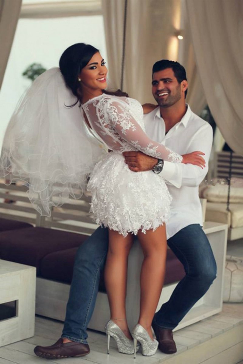 A-line Scoop Lace Applique Long Sleeves Short-Mini Wedding Dresses