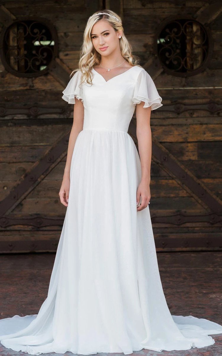 A-line V-neck Chiffon Floor-length Brush Train Short Sleeve Wedding Dresses with Ruffles