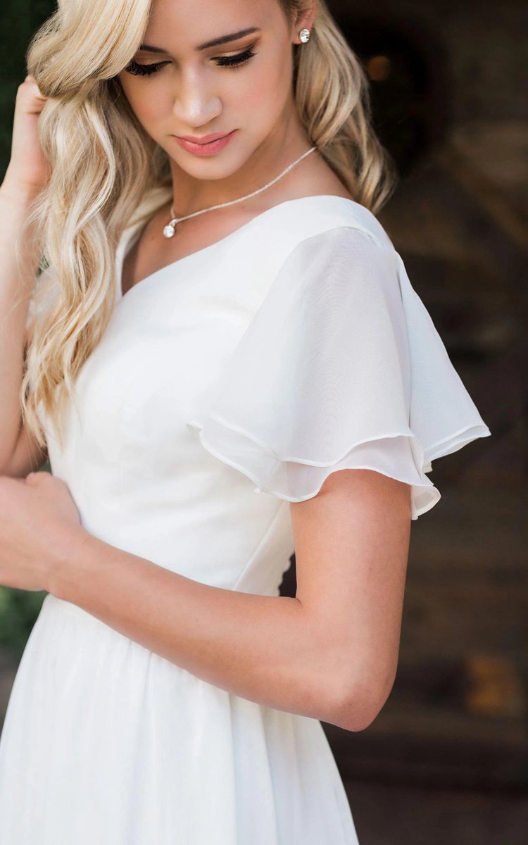 A-line V-neck Chiffon Floor-length Brush Train Short Sleeve Wedding Dresses with Ruffles