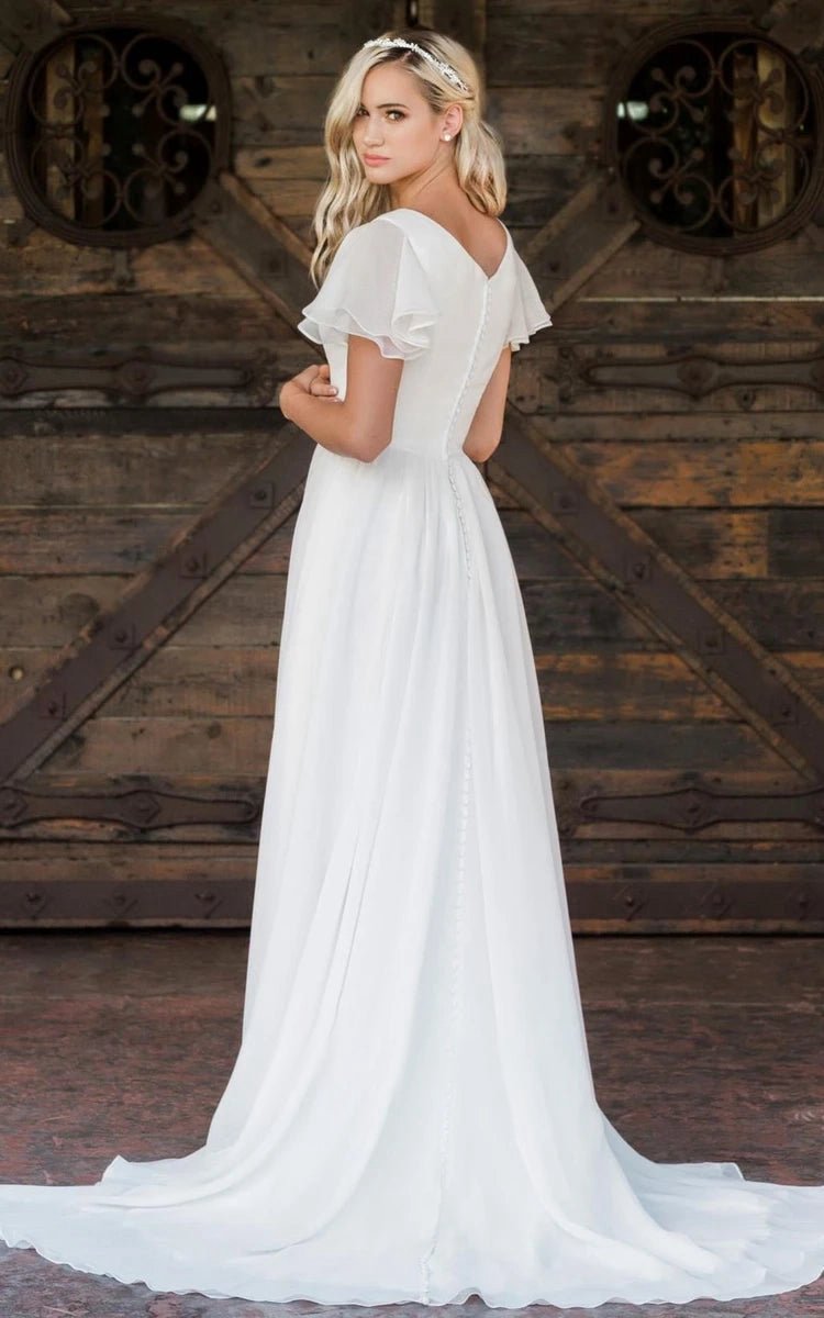 A-line V-neck Chiffon Floor-length Brush Train Short Sleeve Wedding Dresses with Ruffles