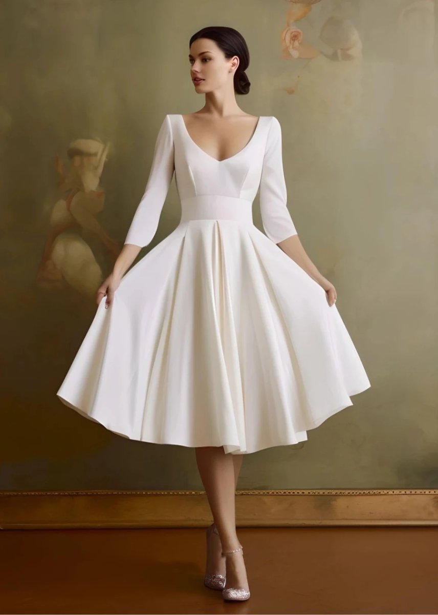 Vintage Sleeved A-line V-neck Satin Tea Length Wedding Dresses