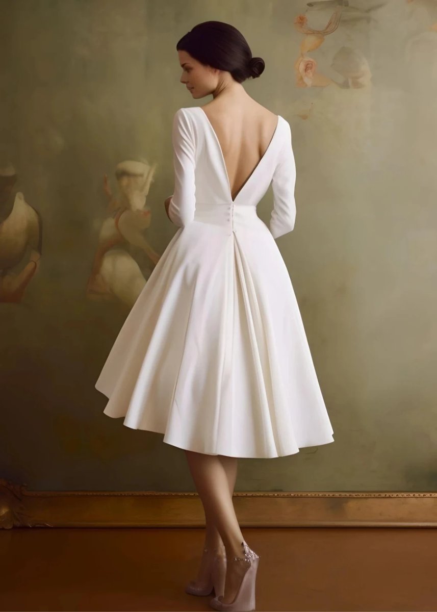 Vintage Sleeved A-line V-neck Satin Tea Length Wedding Dresses