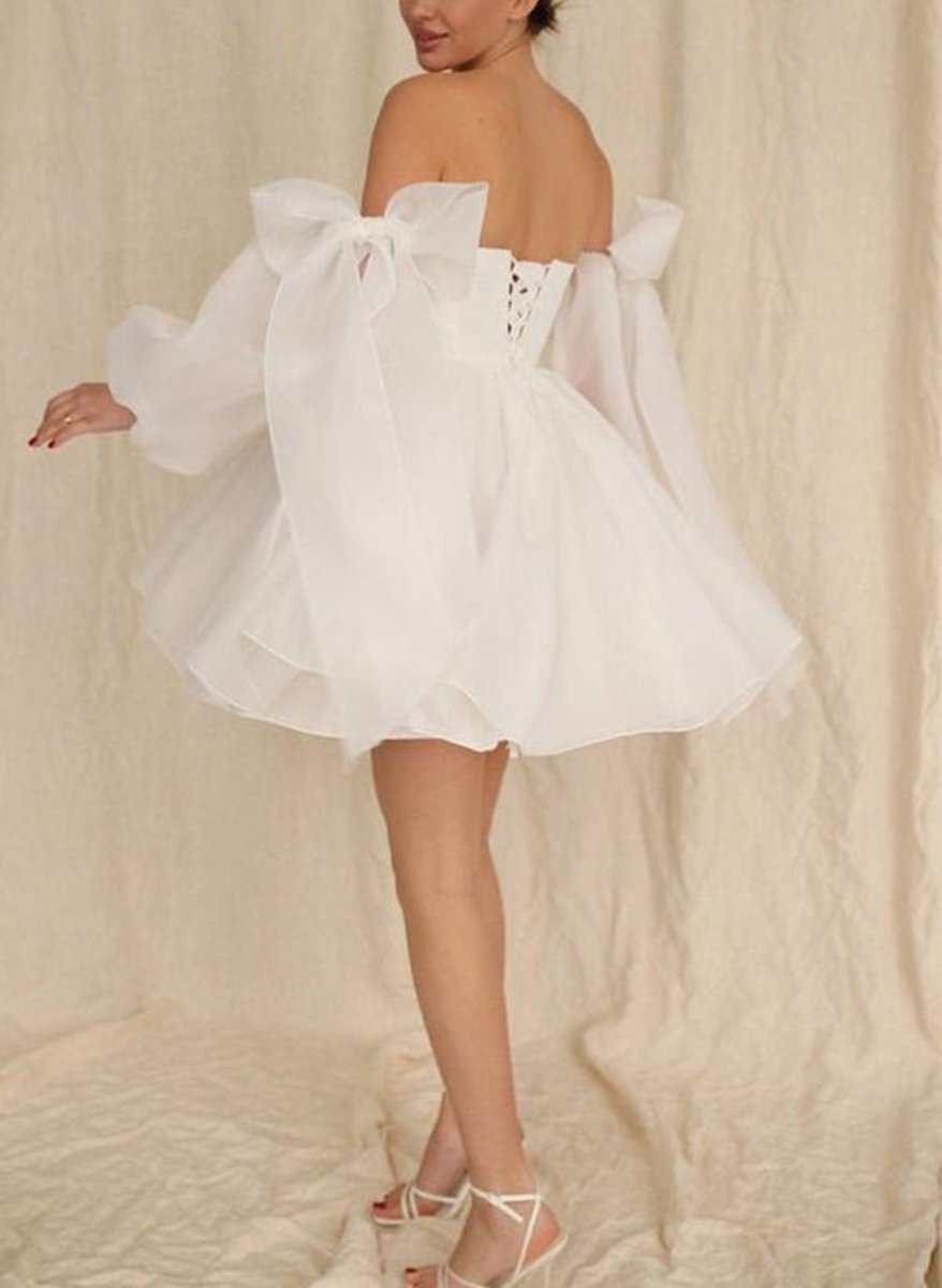 A-line Puff Long Sleeves Short Wedding Dresses with Bows