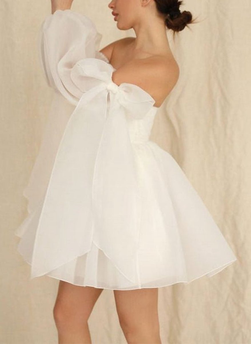 A-line Puff Long Sleeves Short Wedding Dresses with Bows