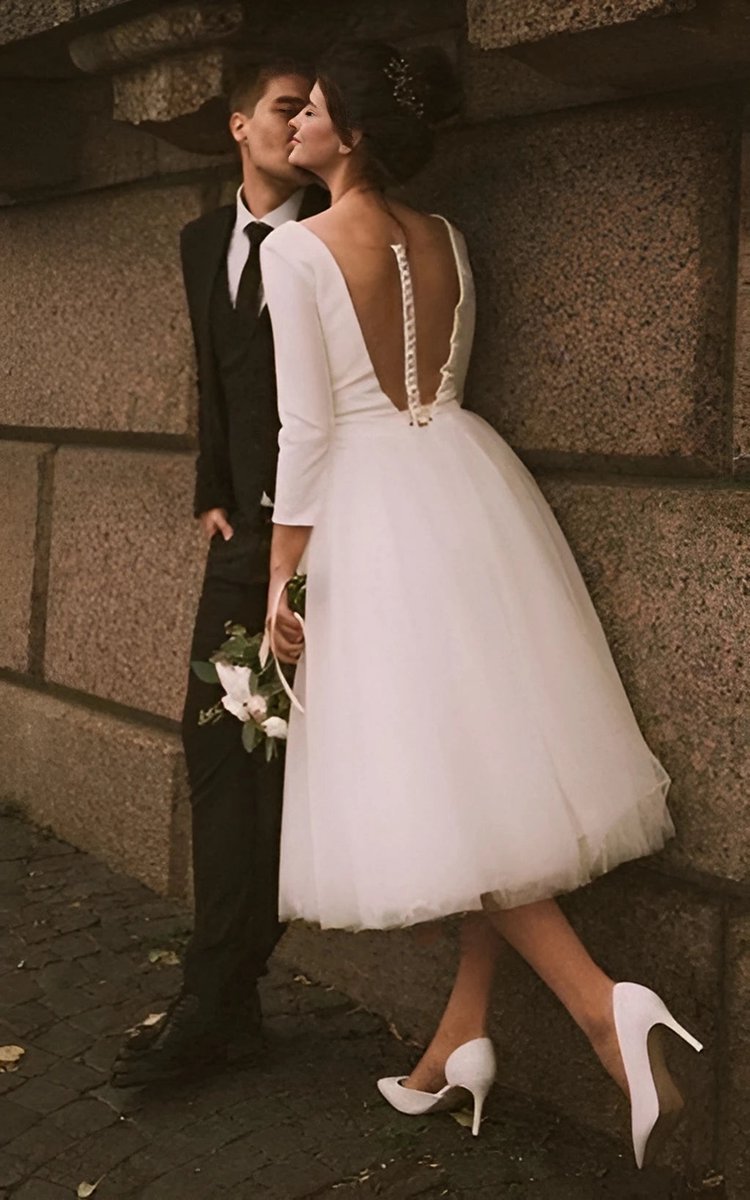 Vintage Short Casual Simple Long Sleeve A-line Tea-length Plunging Neckline Satin Wedding Dresses