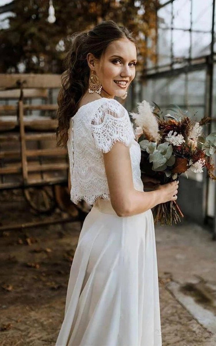 Vintage Boho Two-Piece Bateau Satin and Lace Short Sleeve Wedding Dresses with Pleats and Sweep Train