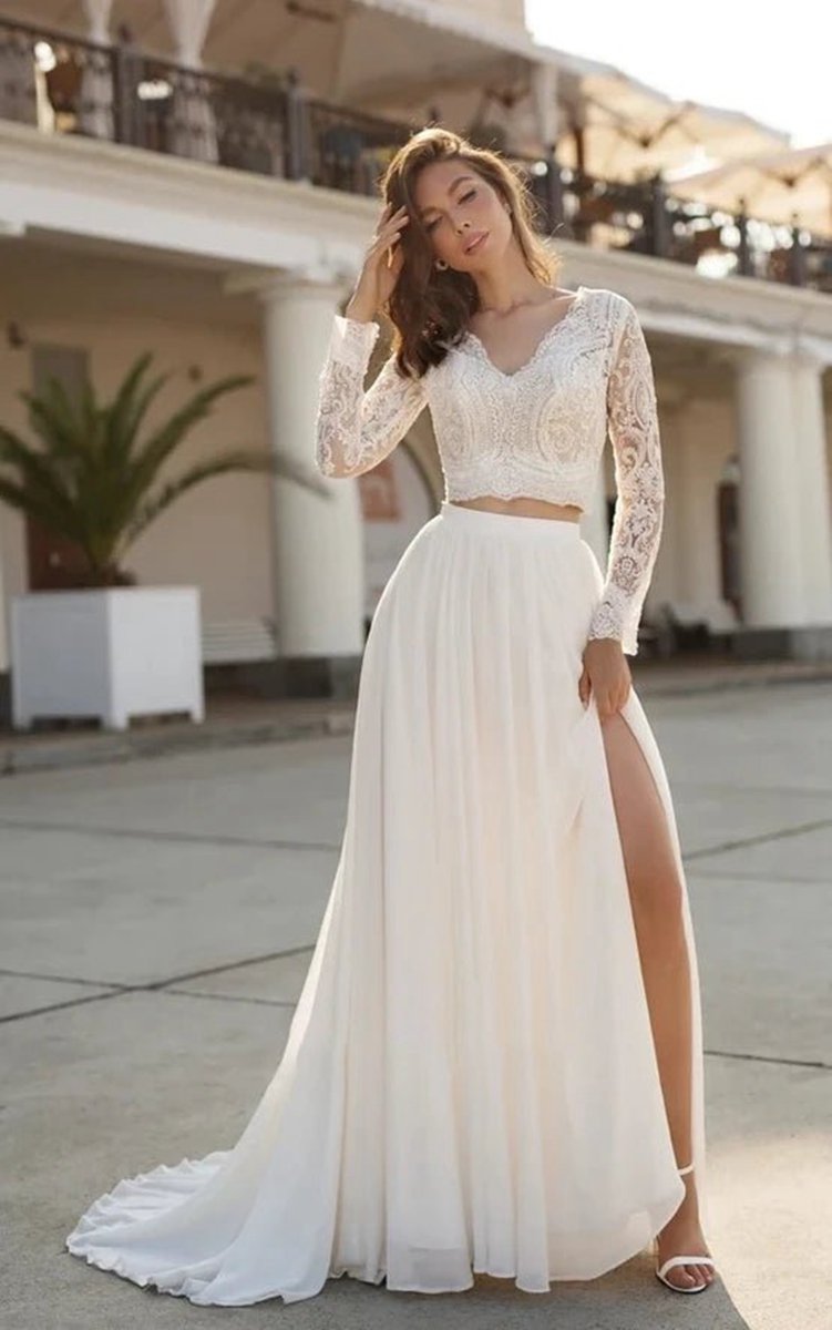 Two Piece V-neck Wedding Dresses with Sweep Train Lace Long Sleeves