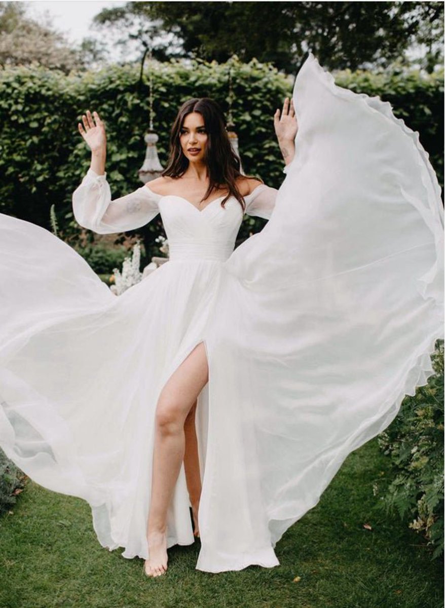 A-line Off-The-Shoulder Long Sleeves Wedding Dresses with Chiffon Slit
