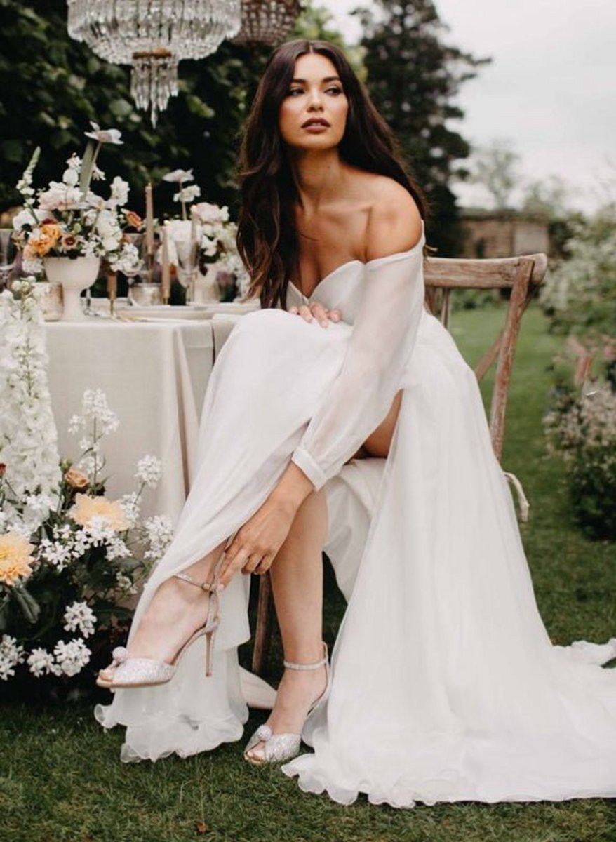 A-line Off-The-Shoulder Long Sleeves Wedding Dresses with Chiffon Slit