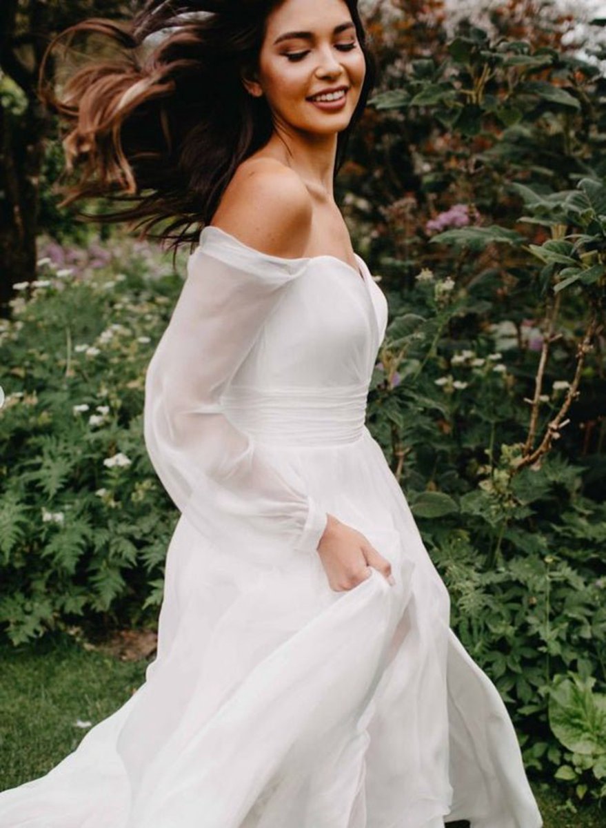A-line Off-The-Shoulder Long Sleeves Wedding Dresses with Chiffon Slit