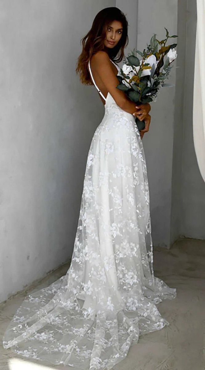 Beach V-Neck Sparkly Lace Wedding Dresses with Split Front
