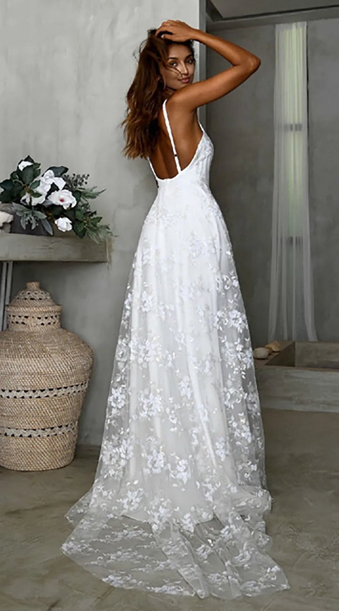 Beach V-Neck Sparkly Lace Wedding Dresses with Split Front
