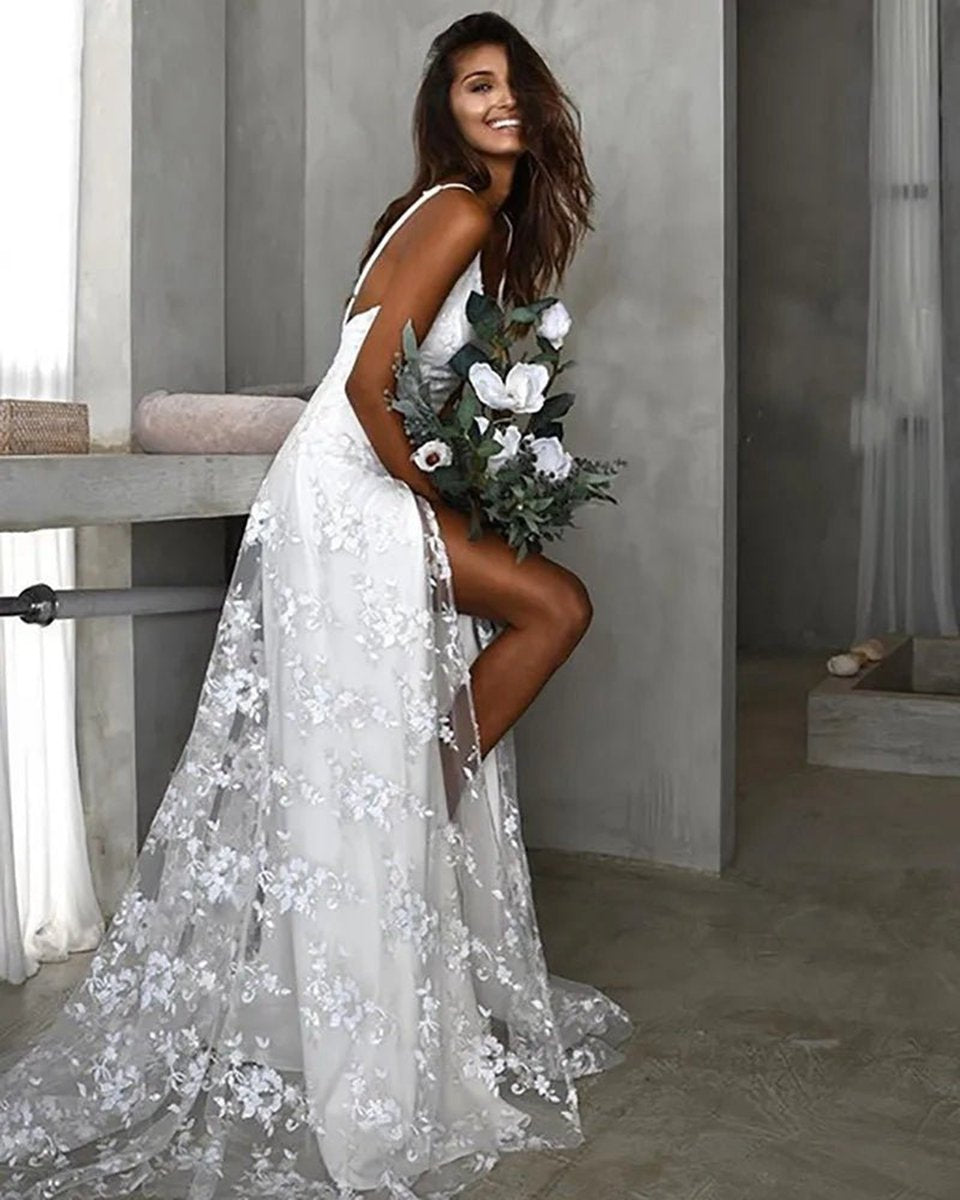 Beach V-Neck Sparkly Lace Wedding Dresses with Split Front