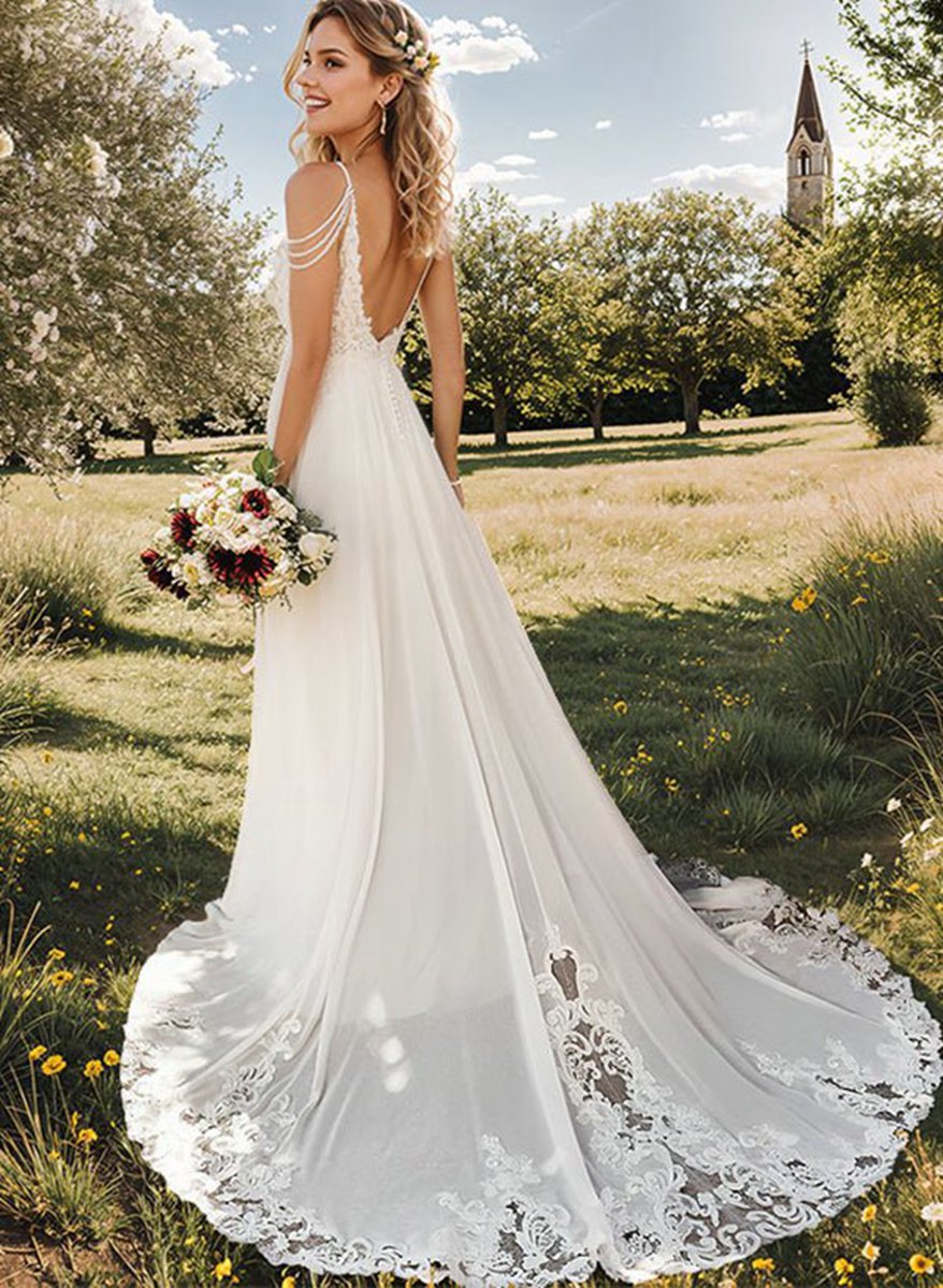 A-line V-Neck Sweep Train Wedding Dresses with Lace Split Front