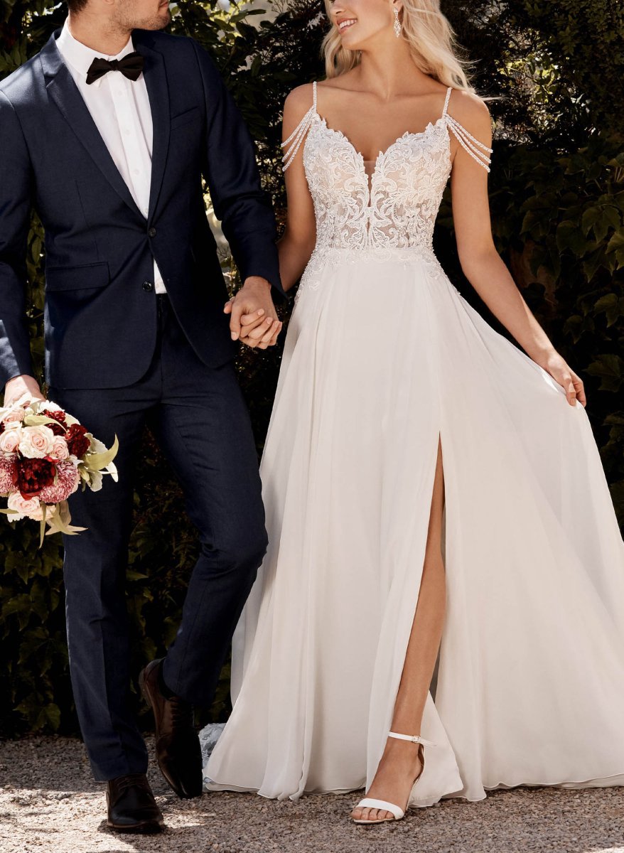 A-line V-Neck Sweep Train Wedding Dresses with Lace Split Front