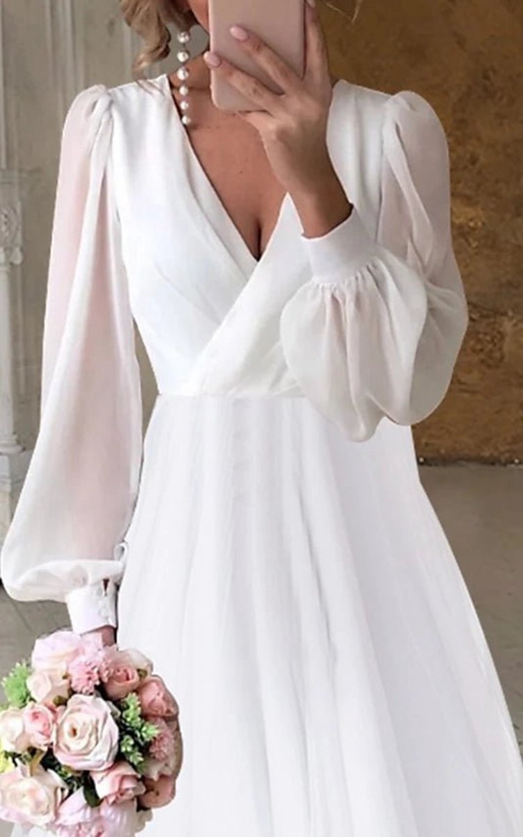 A-line V-Neck Long Sleeves Elegant Casual Asymmetrical Chiffon Wedding Dresses with Zipper Back