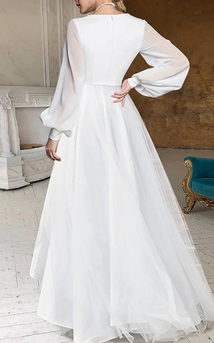 A-line V-Neck Long Sleeves Elegant Casual Asymmetrical Chiffon Wedding Dresses with Zipper Back