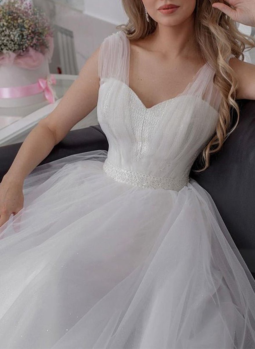 A-line V-Neck Sleeveless Ankle-Length Tulle Wedding Dresses with Sequins