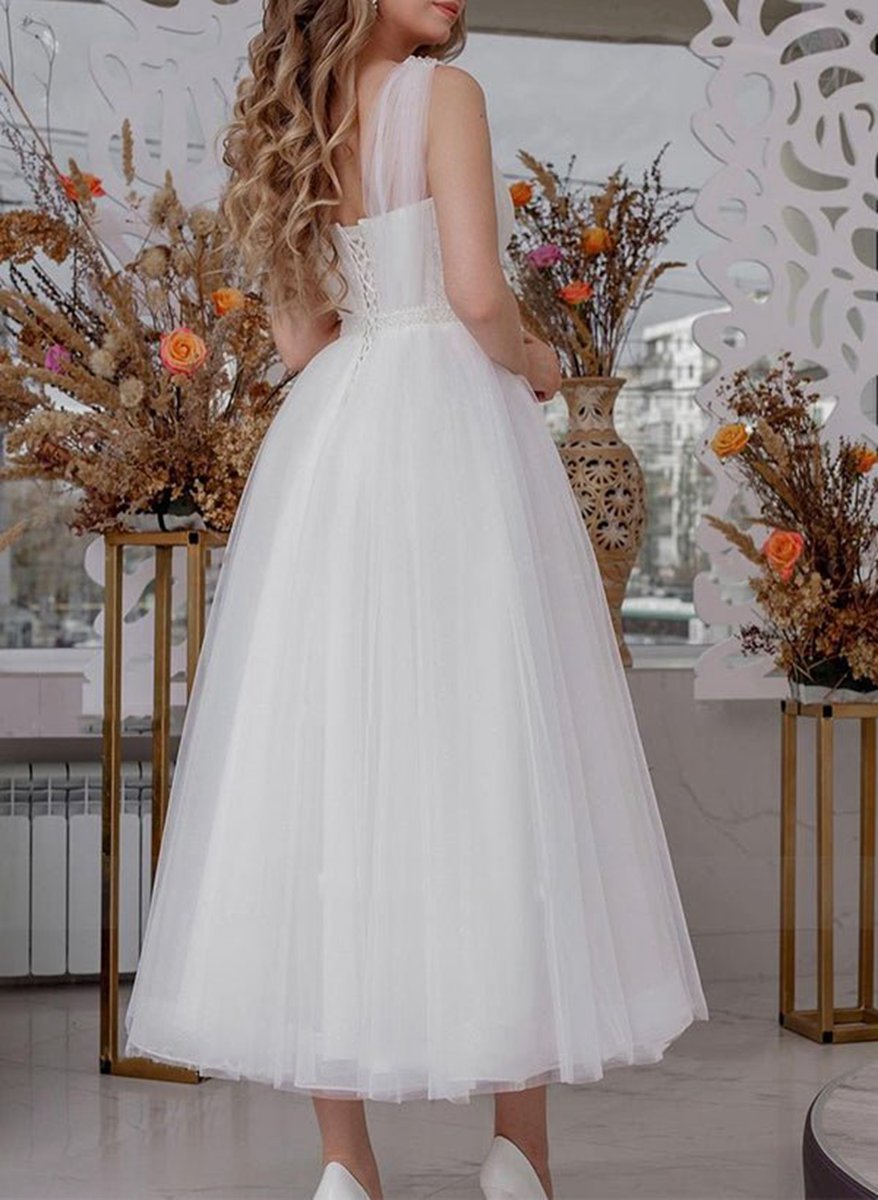 A-line V-Neck Sleeveless Ankle-Length Tulle Wedding Dresses with Sequins