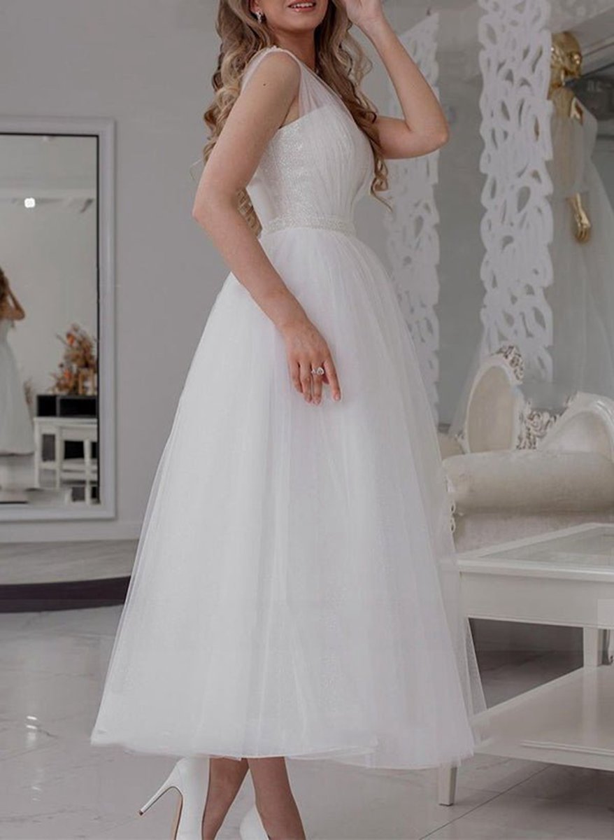 A-line V-Neck Sleeveless Ankle-Length Tulle Wedding Dresses with Sequins