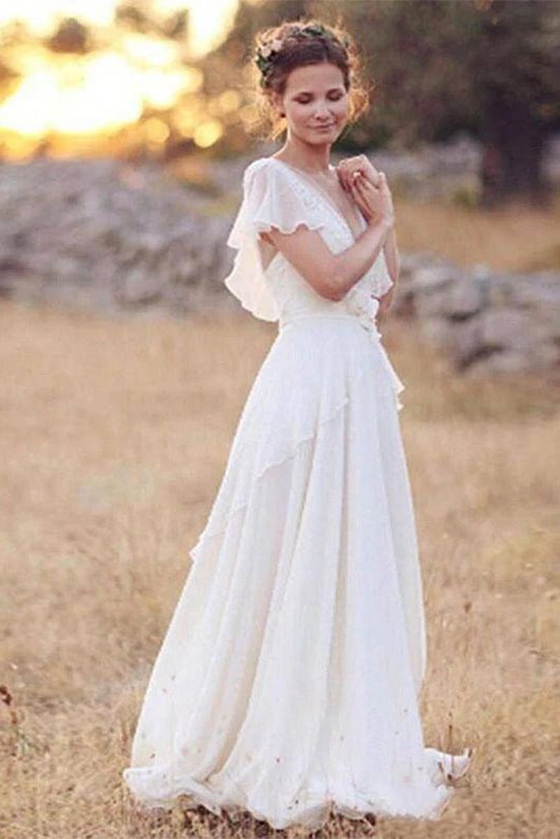 A-line Sheer Cap Sleeve Deep V Neck Backless Flower Beading Pleats Chiffon Wedding Dresses