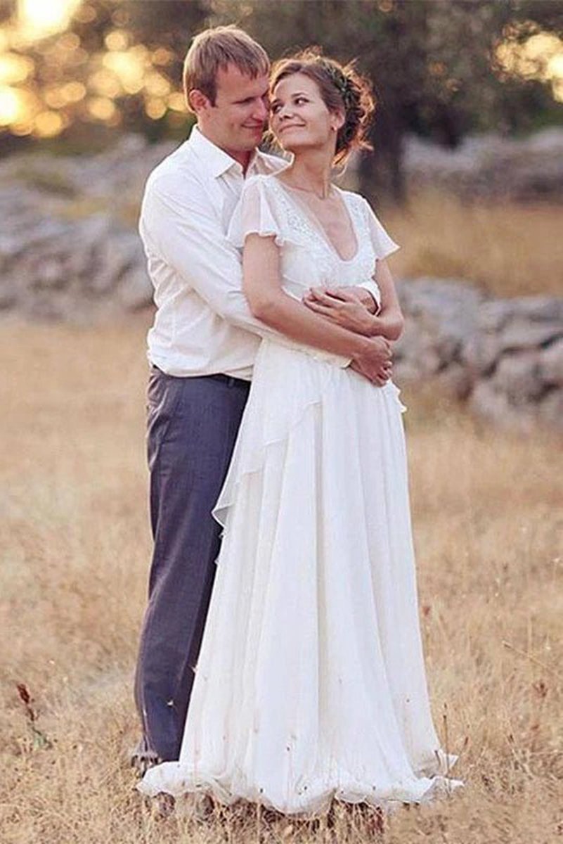 A-line Sheer Cap Sleeve Deep V Neck Backless Flower Beading Pleats Chiffon Wedding Dresses