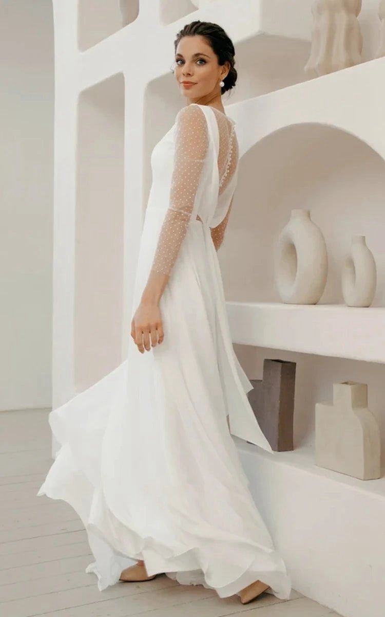 A-line Chiffon Maxi Wedding Dresses Minimalist Sleeved Pearl Button Low Back Bridal Gown