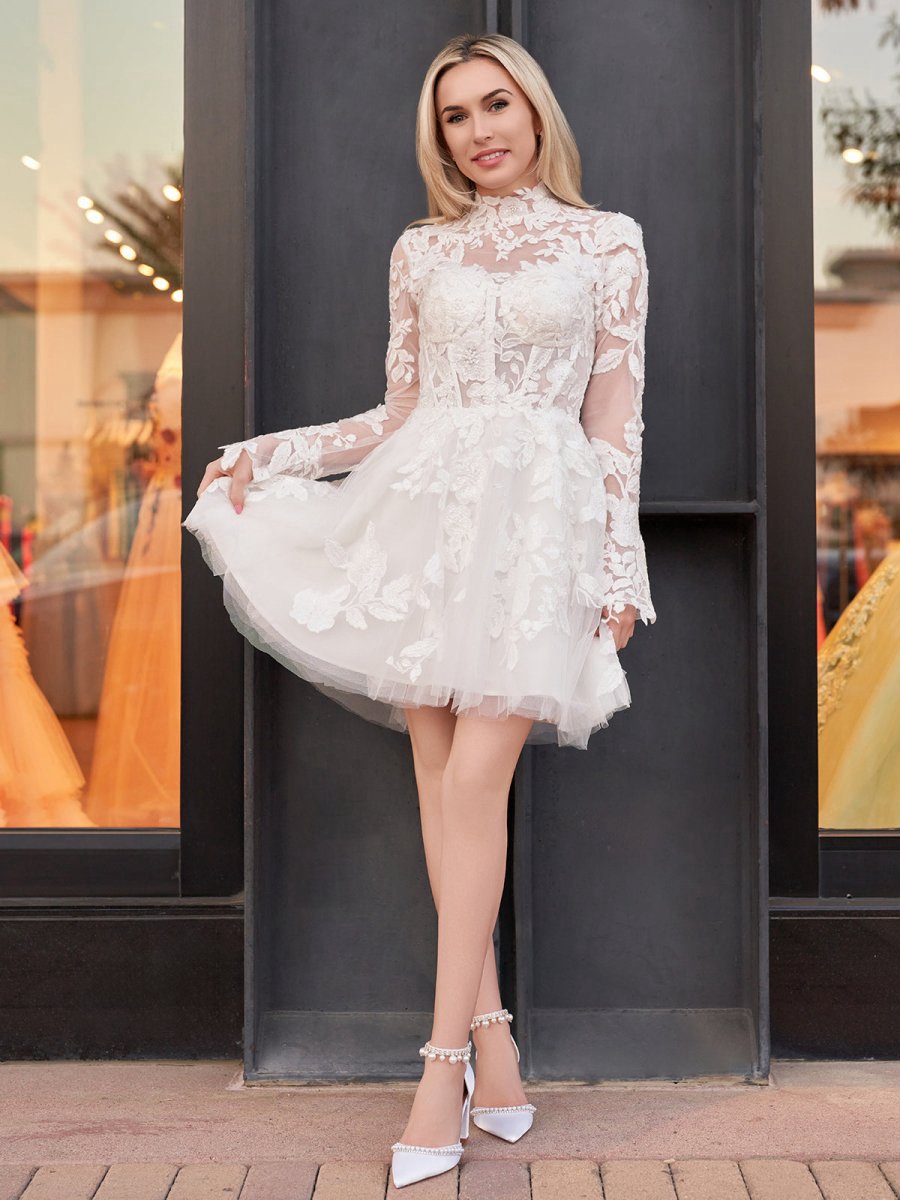 Short A-line Illusion Neck Long Sleeves Lace Wedding Dresses