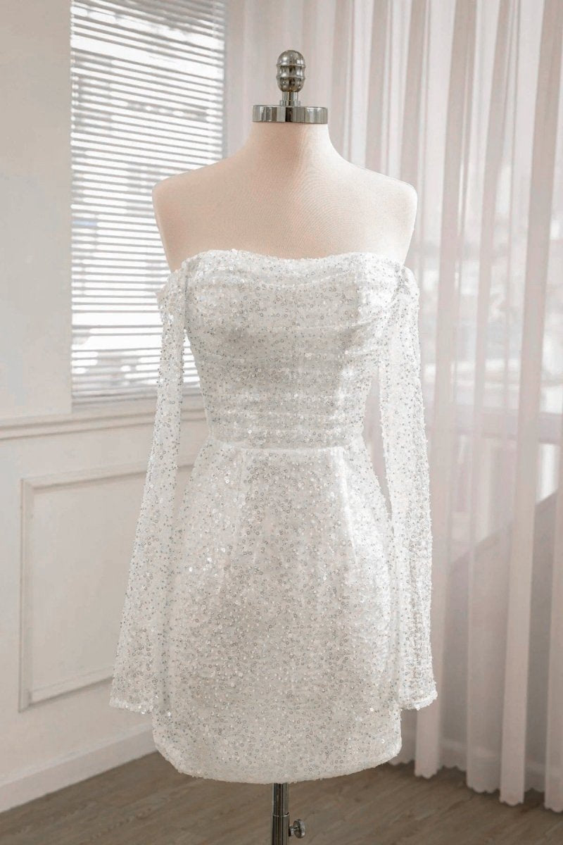 Chic Short Sequined Backless Wedding Dresses with Long Detachable Sleeves